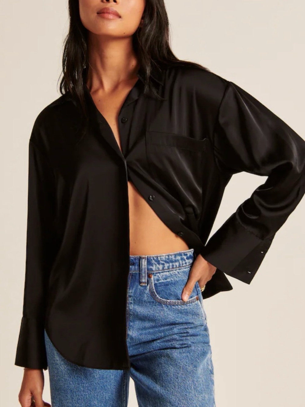 Abercrombie Black Satin Button-Down Top